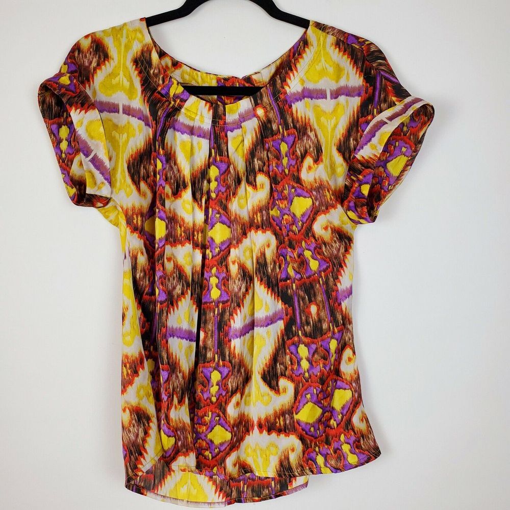 Essentials Milano Women's Satin Blouse Purple Yellow Size‎ M Career